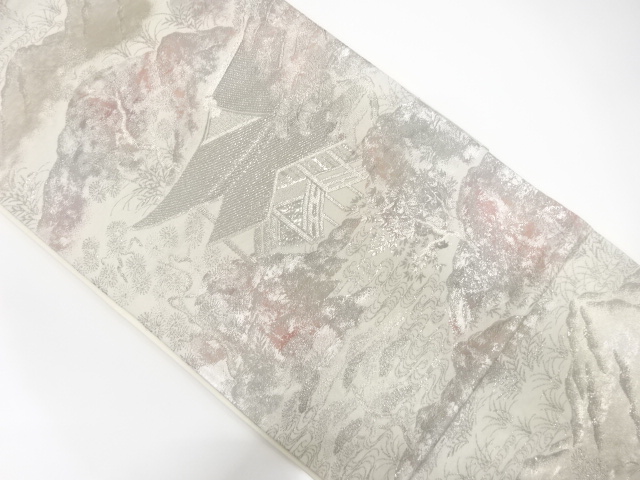 プラチナ箔　寺院風景模様織り出し　袋帯